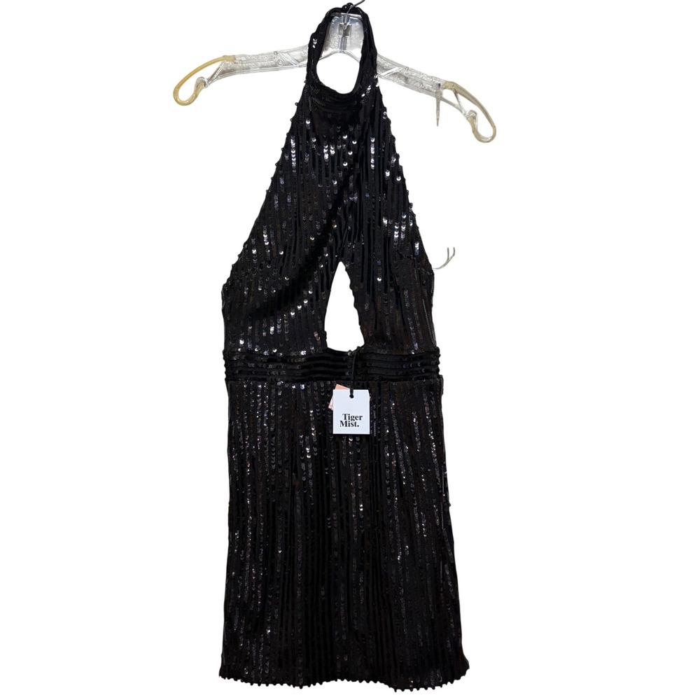 Tiger Mist Black Sequin Halter Mini Dress Keyhole Cutout Open Back XS New